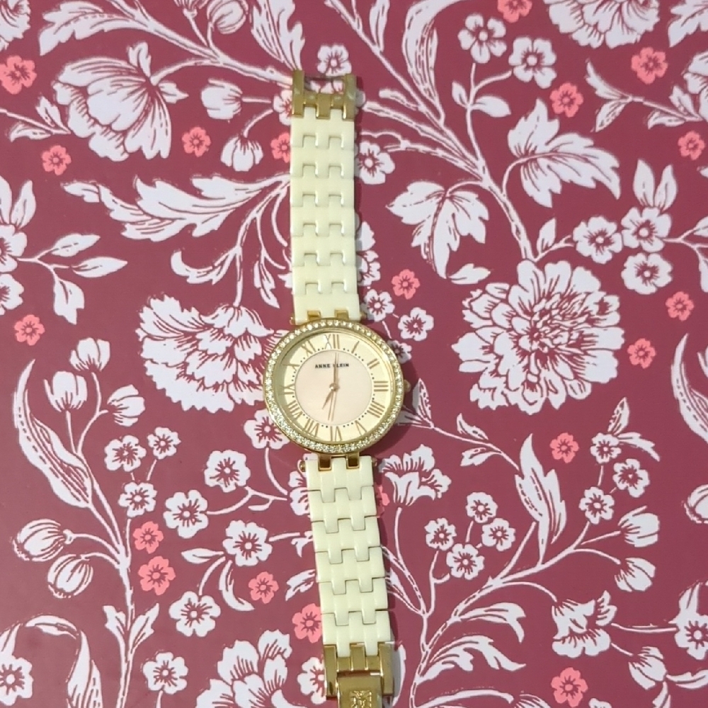 Anne Klein Gold and Cream Ceramic Watch